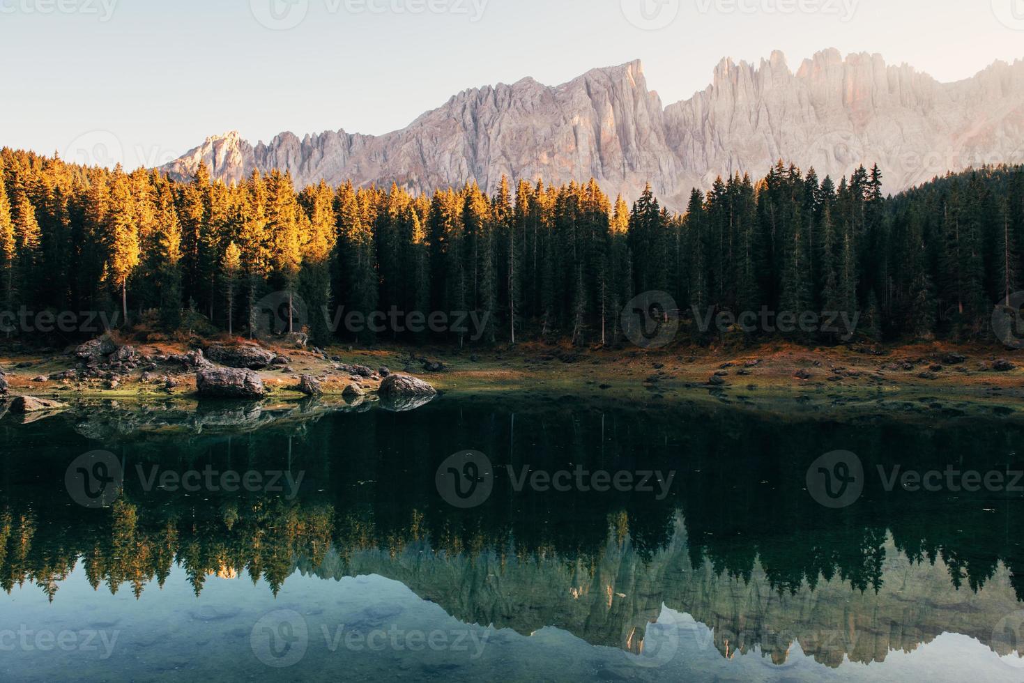 You can see bottom. Autumn landscape with clear lake, fir forest and majestic mountains photo