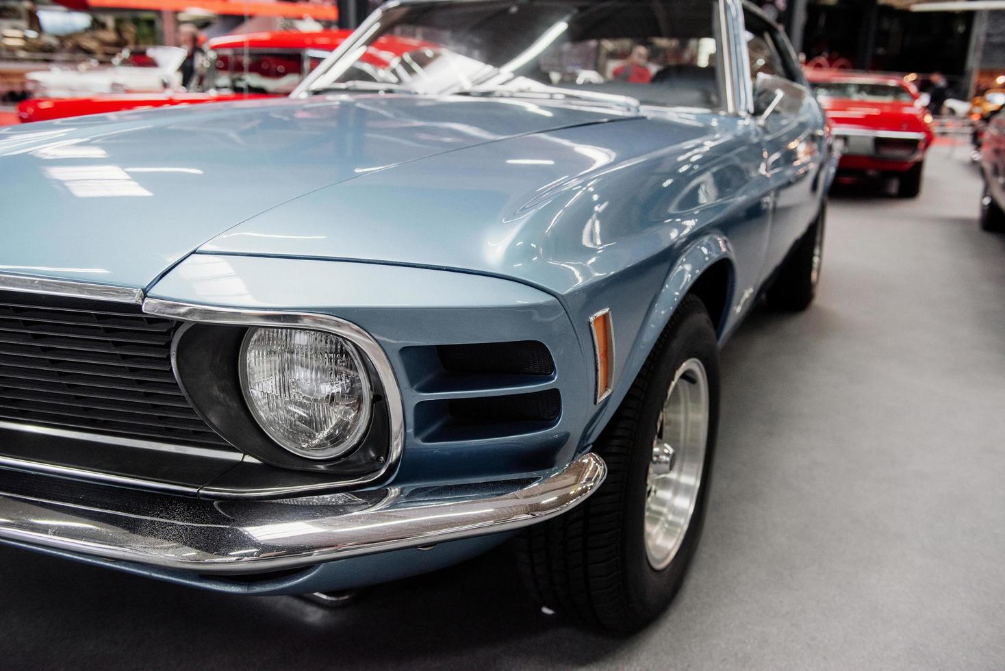 SINSHEIM, GERMANY - OCTOBER 16, 2018 Technik Museum. Front view of rare blue automobile at car show photo