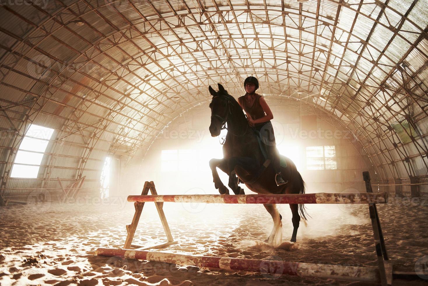 Majestic image of horse horse silhouette with rider on sunset background. The girl jockey on the back of a stallion rides in a hangar on a farm and jumps over the crossbar. The concept of riding photo