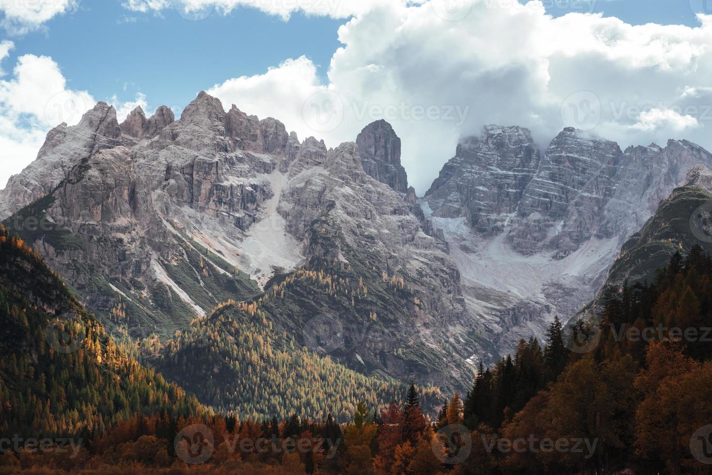 bonito paisaje de hermosas montañas y árboles. el valle está lleno de luz solar foto