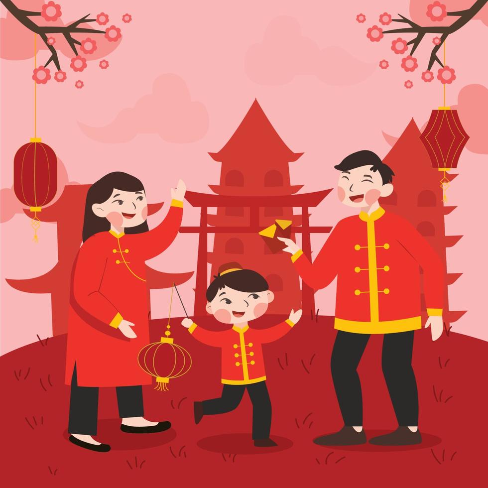 A Family Celebrates Chinese New Year vector