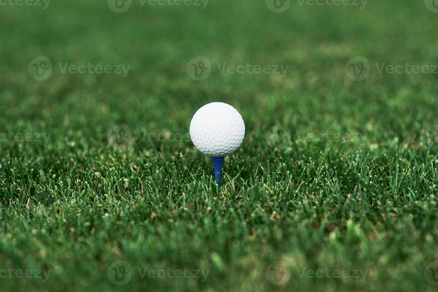 Cerrar foto de pelota de golf de pie sobre el pasador en el césped verde