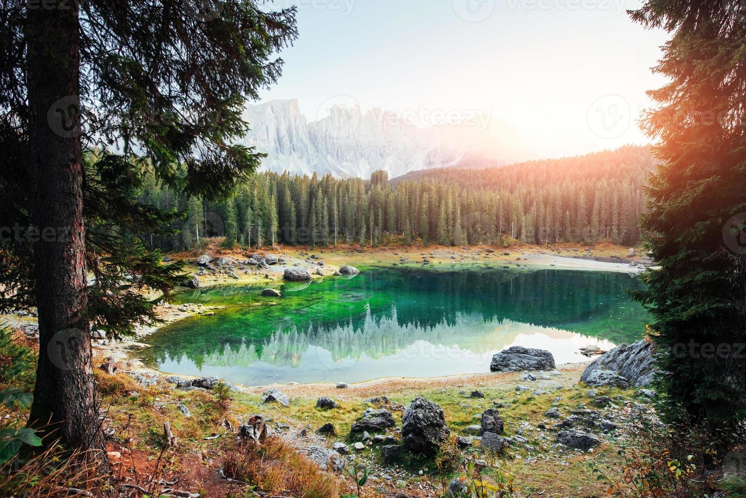 entre los árboles. paisaje otoñal con lago claro, bosque de abetos y montañas majestuosas foto