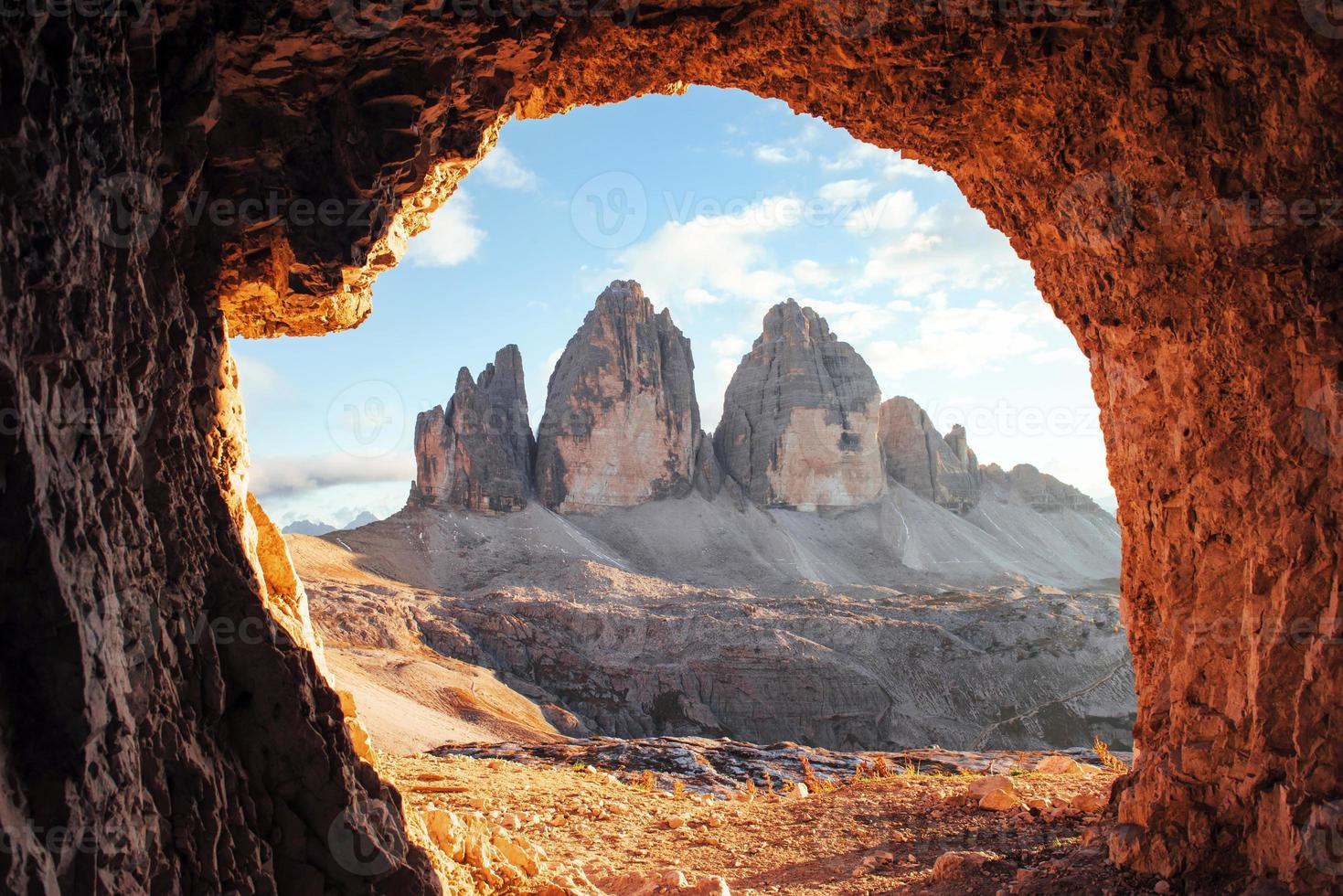 Tre Cime mountains of three peaks. Gorgeous photo in the sunny day. Italian landscapes