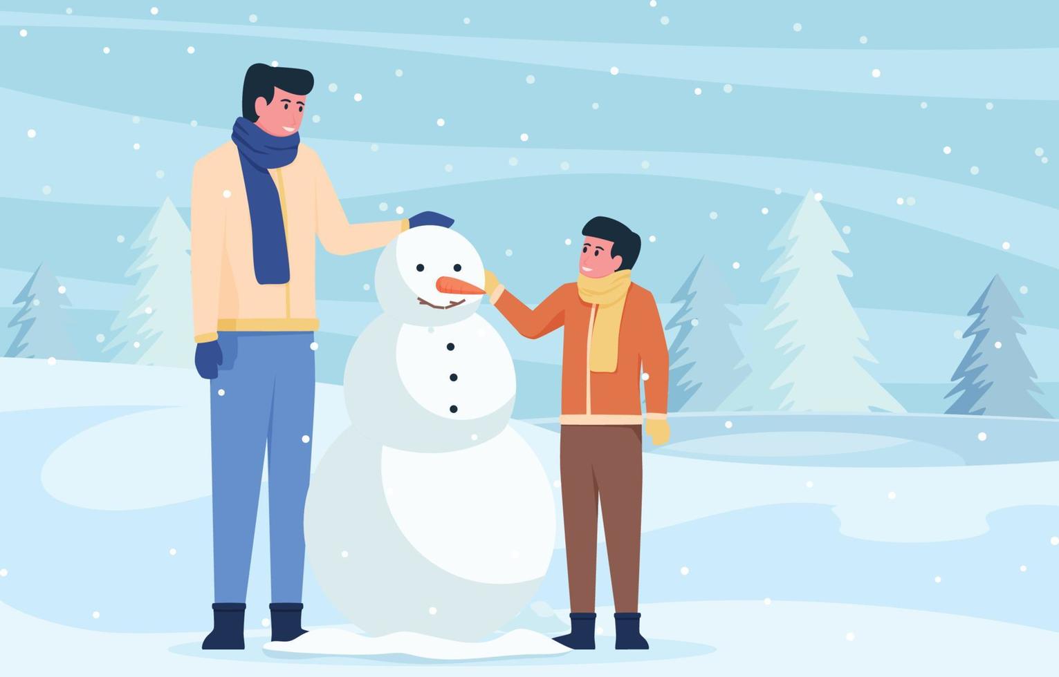 padre e hijo hacen un gran muñeco de nieve en la nieve vector