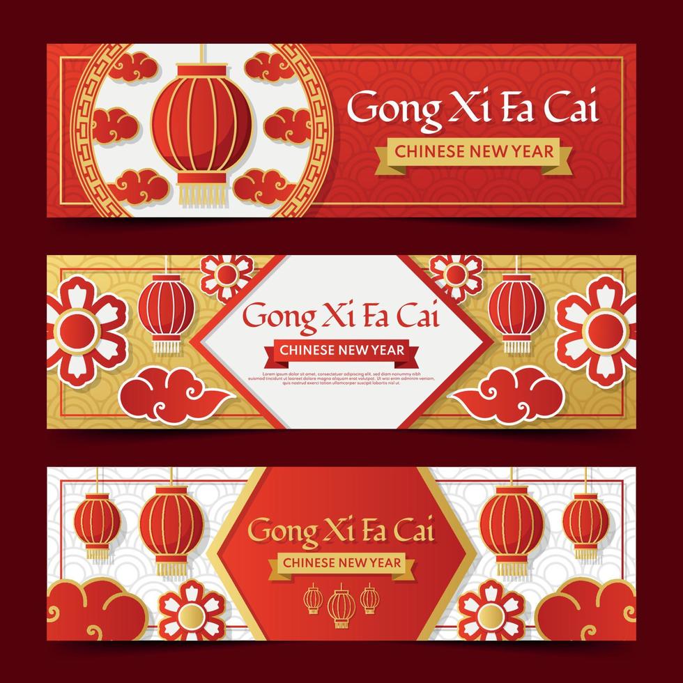 banner de saludo gong xi fa cai con linternas y nube vector