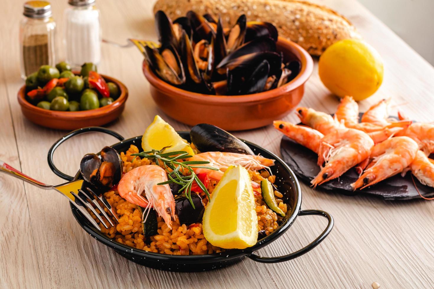 Traditional Spanish paella with seafood photo