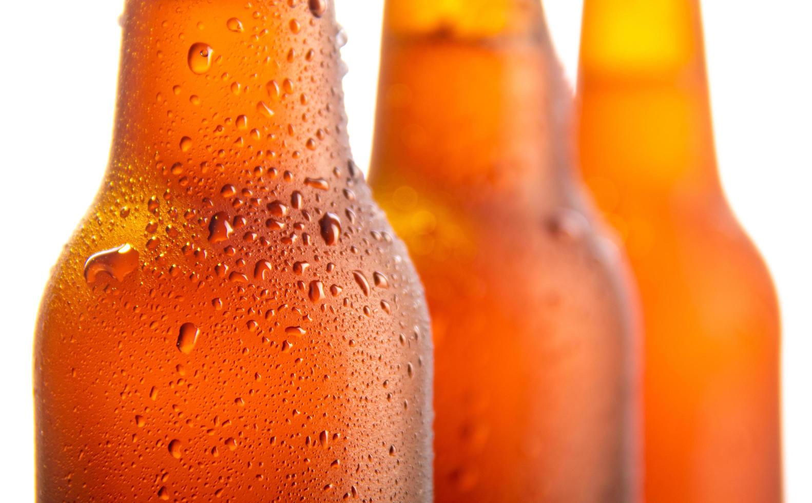 Three fresh beer bottle on white background photo