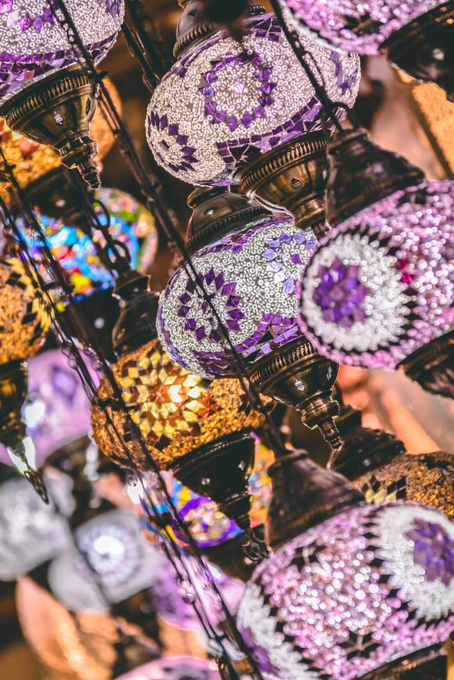 Moroccan or Turkish mosaic lamps and lanterns background selective focus photo