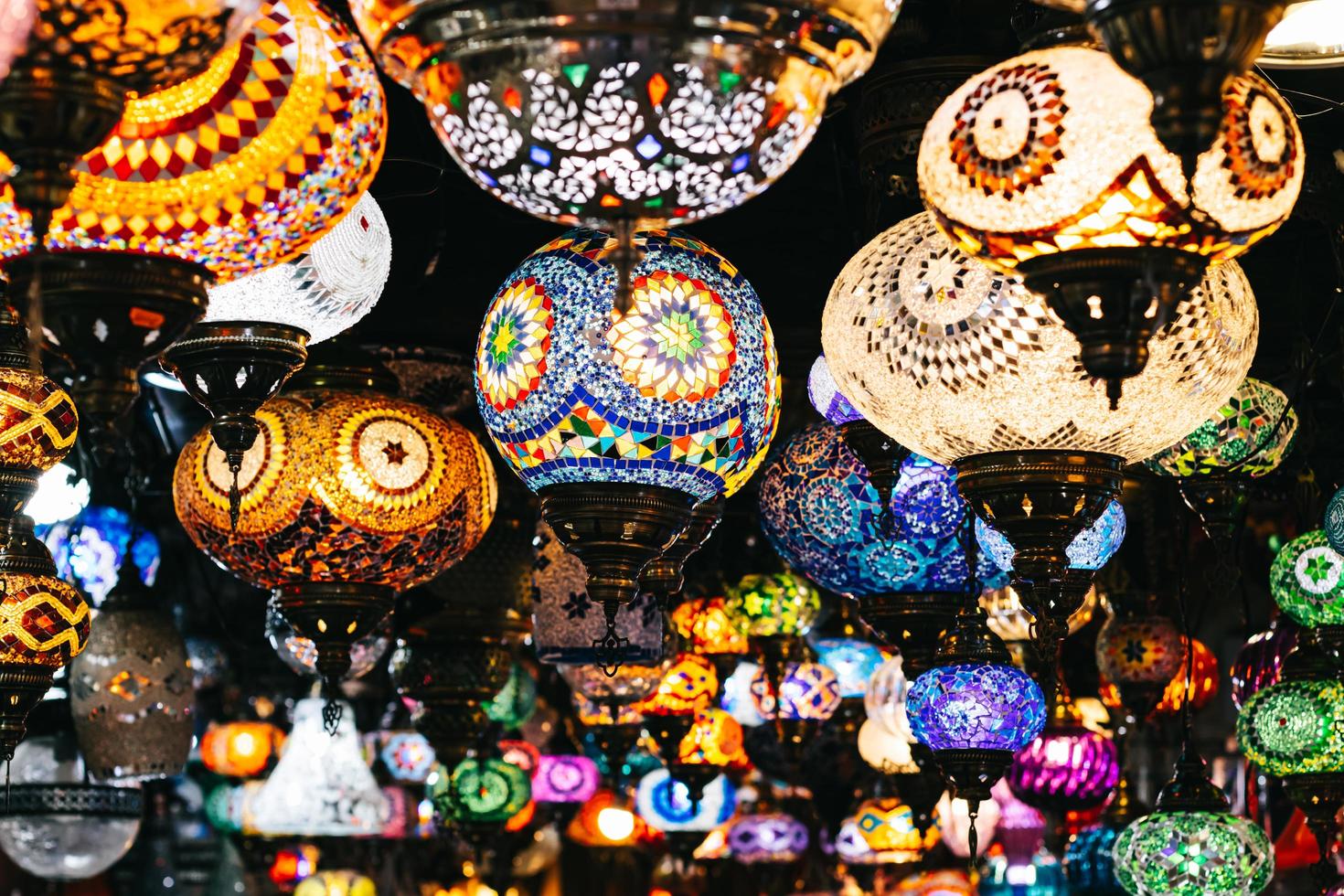 Moroccan or Turkish mosaic lamps and lanterns background selective focus photo