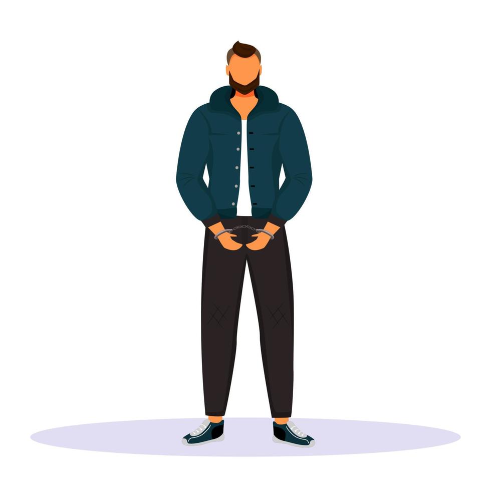 Man in handcuffs flat color vector faceless character. Prisoner, suspect. Guy accused of committing crime. Captured criminal. Convicted person. Arrested thief. Isolated cartoon illustration