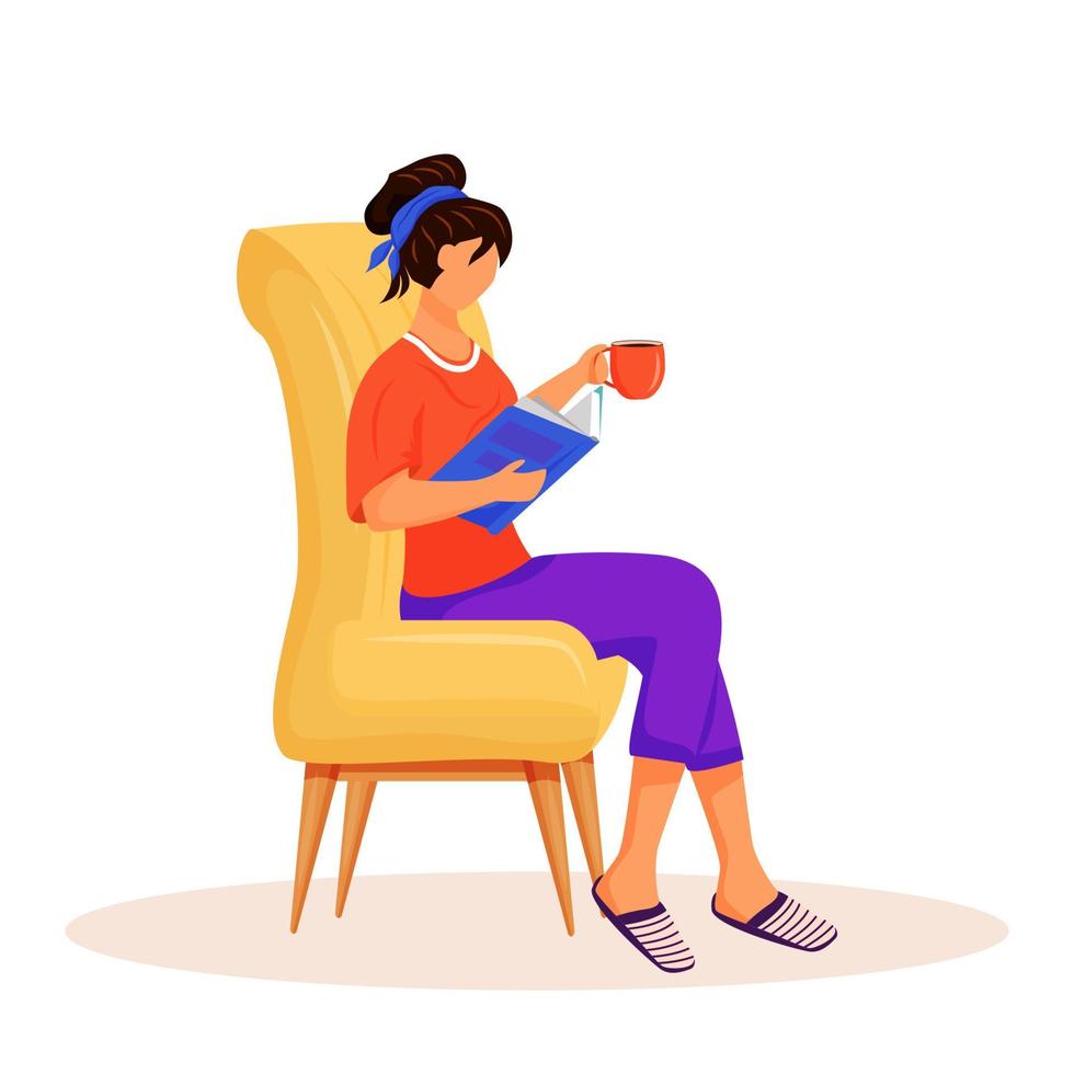 mujer leyendo libro color plano vector personaje sin rostro. señora relajante en casa en silla. chica con bebida caliente en el sofá. revista de lectura femenina. recreación aislada ilustración de dibujos animados