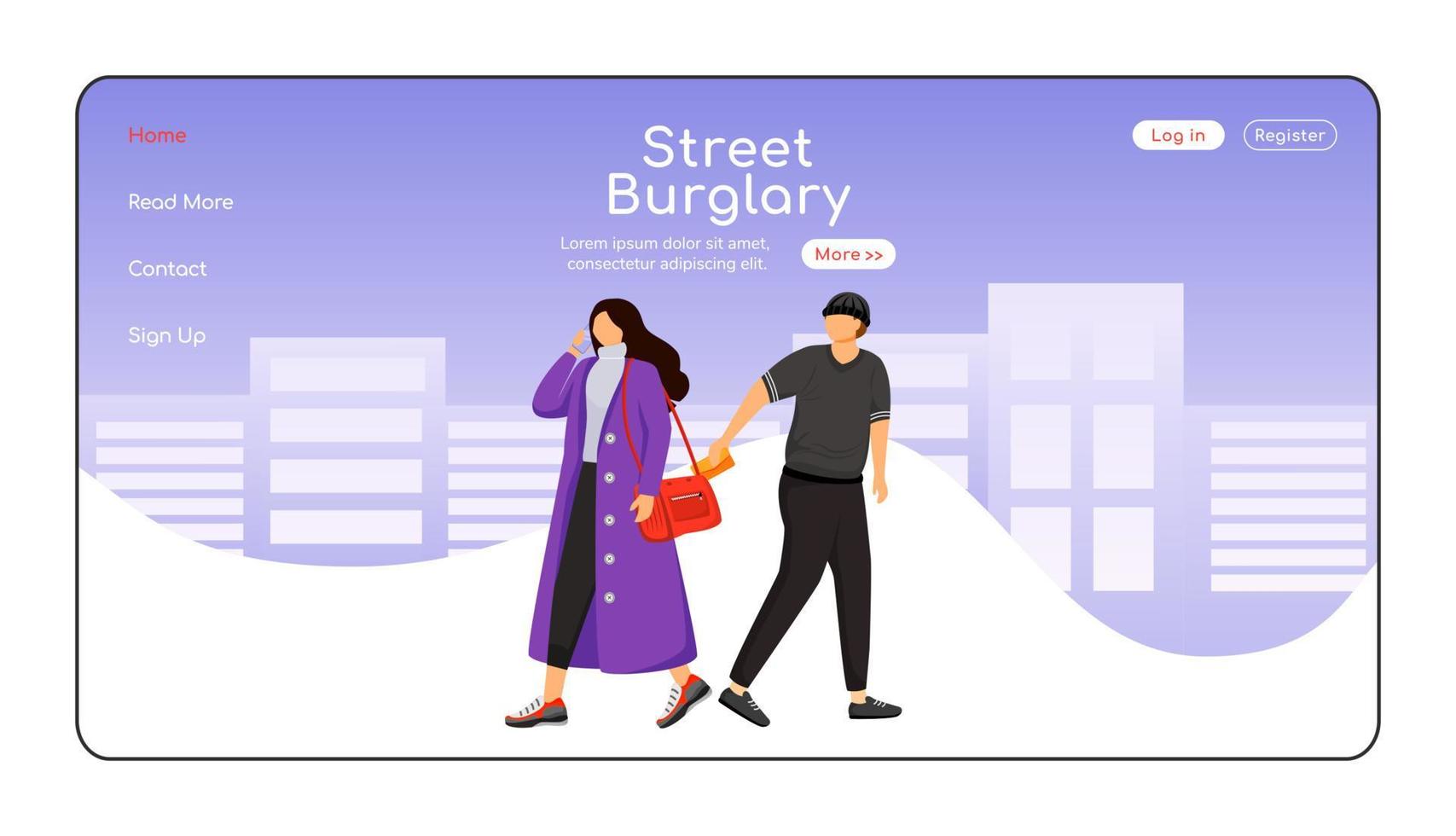 Street burglary landing page flat color vector template. Thief stealing wallet. Pickpocket. Homepage layout. One page website interface with cartoon character. Web banner, webpage