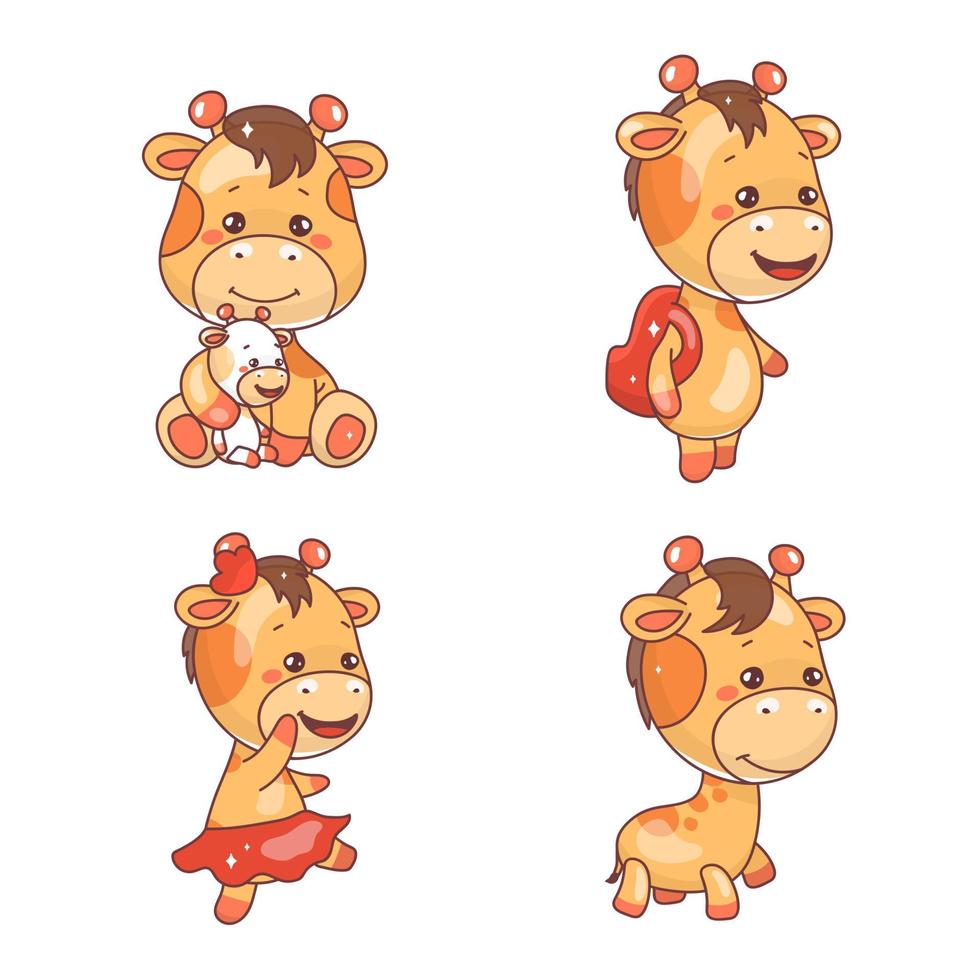 Conjunto de personajes de vector de dibujos animados lindo jirafa kawaii. animales adorables y divertidos jugando con juguetes, pegatinas aisladas de mochila, colección de parches. anime bebé jirafa plantea emoji sobre fondo blanco