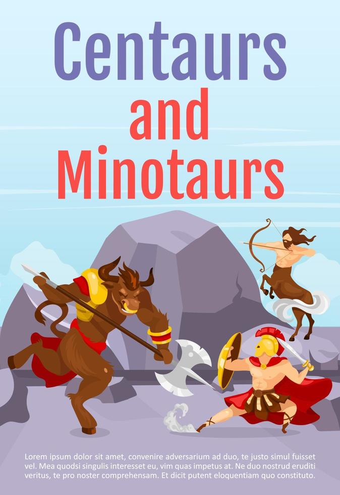 Centaurs and minotaurs brochure template. Greek mythology creatures. Flyer, booklet, leaflet concept with flat illustration. Vector page cartoon layout for magazine. Invitation with text space