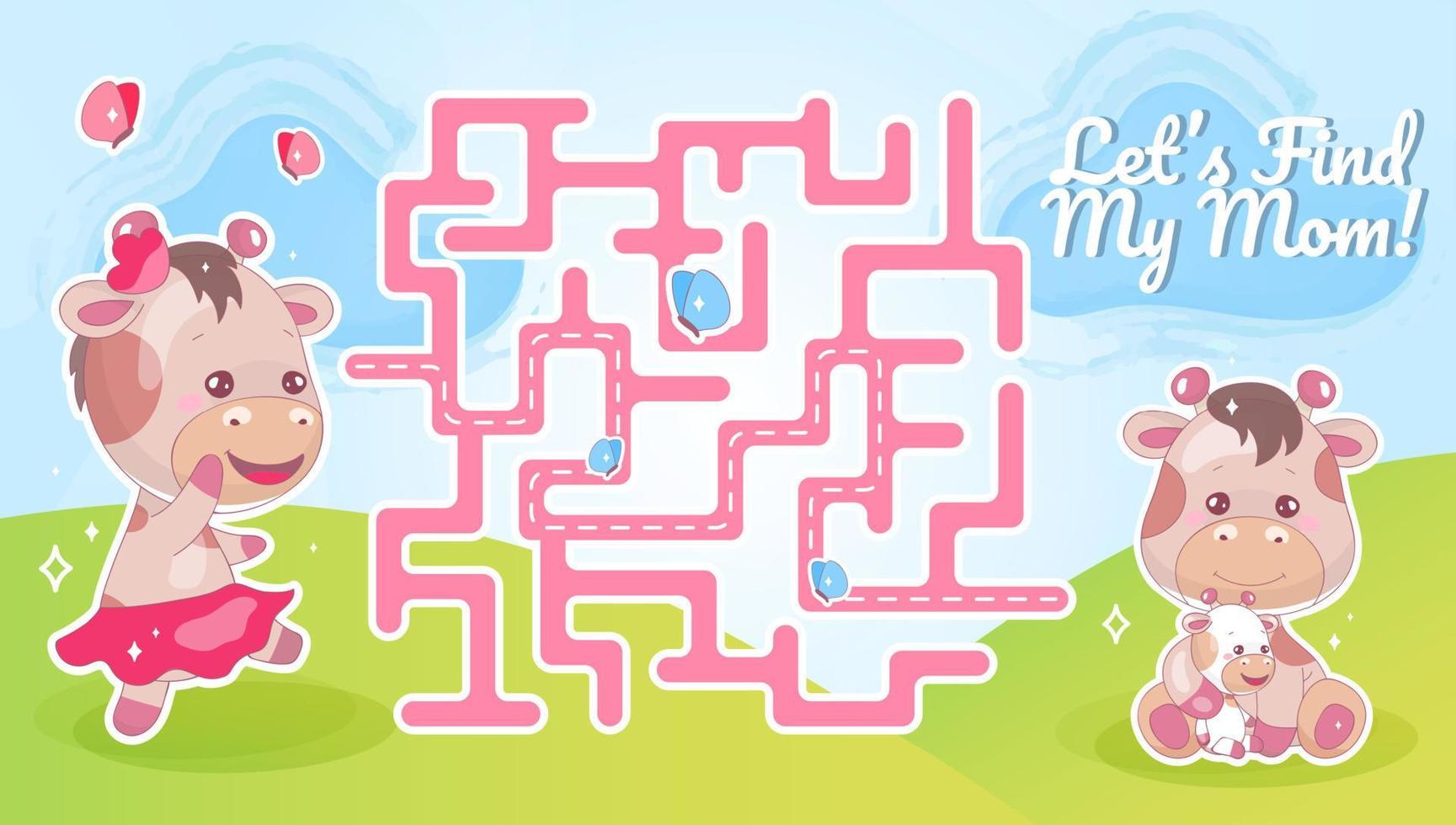 Lets find my mom labyrinth with cartoon character template. Animal searching for child find path maze with solution for educational kids game. Cute cow looking for calf printable flat vector layout