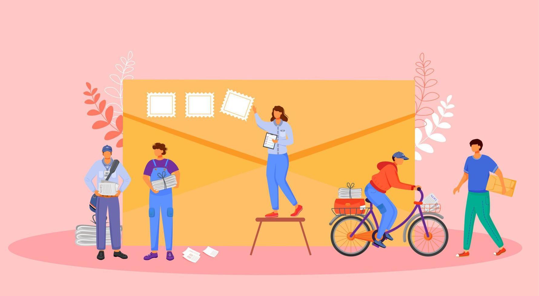 Post office workers flat color vector illustration. Paperboy with bicycle. Post service delivery. Woman puts stamps on envelope. Receiving parcels isolated cartoon character on pink background