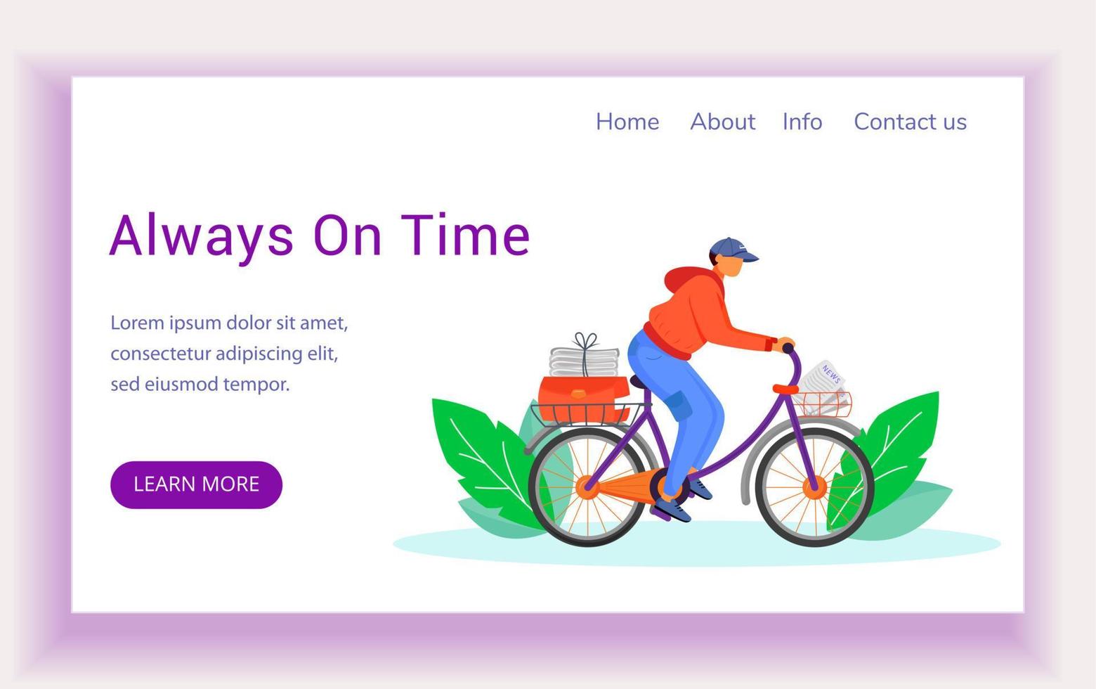Always on time landing page vector template. Post service bike delivery website interface idea with flat illustrations. Paperboy with news homepage layout, web banner, webpage cartoon concept