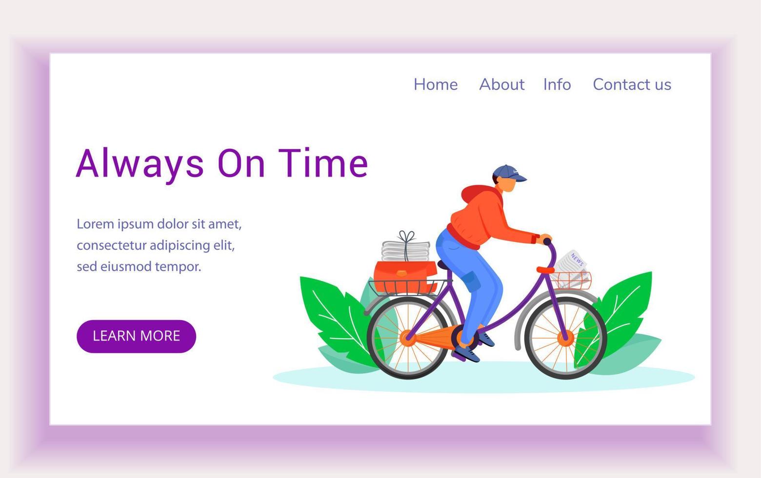 siempre a tiempo plantilla de vector de página de destino. post servicio de entrega de bicicletas idea de la interfaz del sitio web con ilustraciones planas. Repartidor de periódicos con diseño de página de inicio de noticias, banner web, concepto de dibujos animados de página web