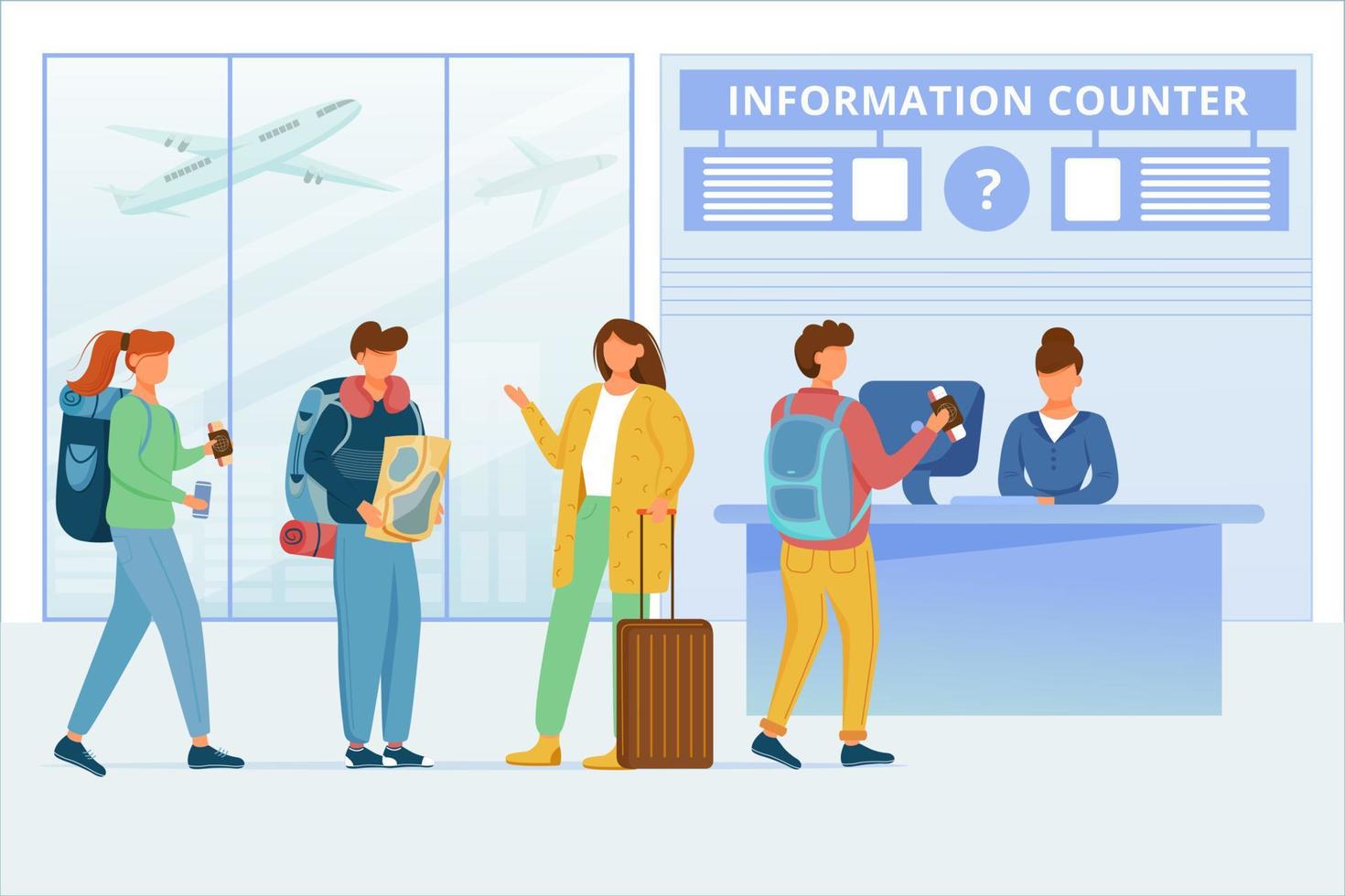 Airport information counter flat vector illustration. Transfer zone. Travelers in air terminal. Commercial air transport. Passengers talking, man asking employee for help cartoon characters