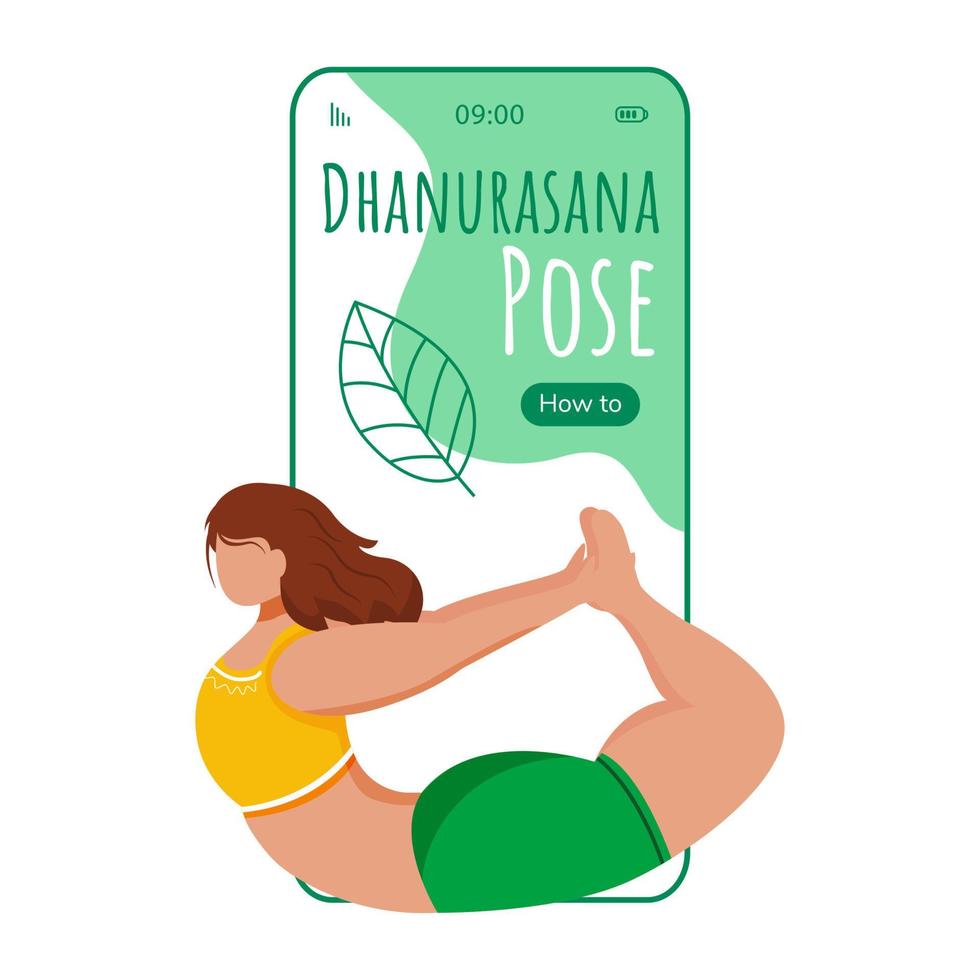 Dhanurasana smartphone interface vector template. Bow pose. Workout. Mobile app page green design layout. Caucausian woman doing yoga posture on screen. Flat UI for application. Phone display