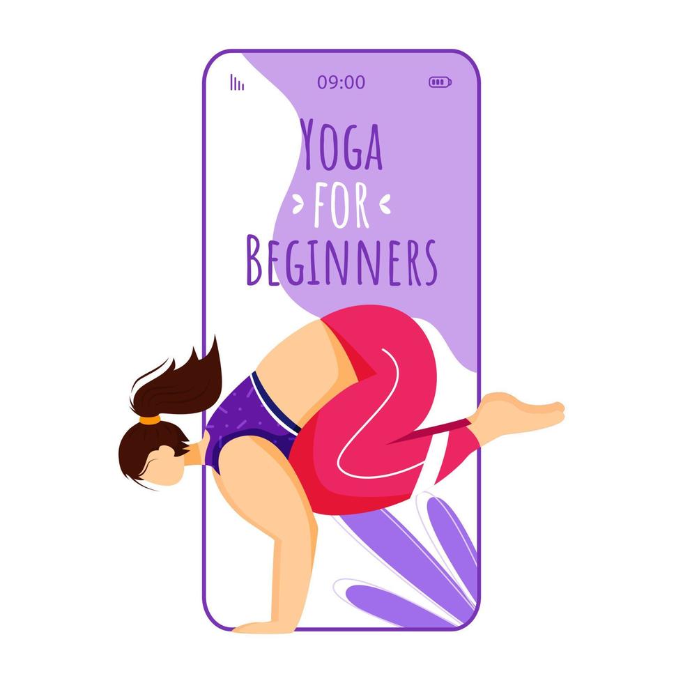 Yoga for beginners smartphone interface vector template. Crane pose. Bakasana. Mobile app page violet design layout. Caucausian woman doing yoga on screen. Flat UI for application. Phone display