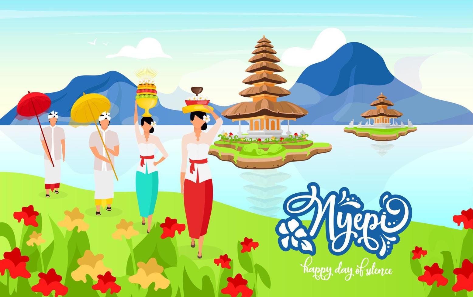 plantilla de vector de cartel plano de nyepi. feliz día de la gloria. pura ulun danu bratan. fiesta. mujeres en personajes de dibujos animados de ropa nacional. banner, página de folleto, diseño de folleto