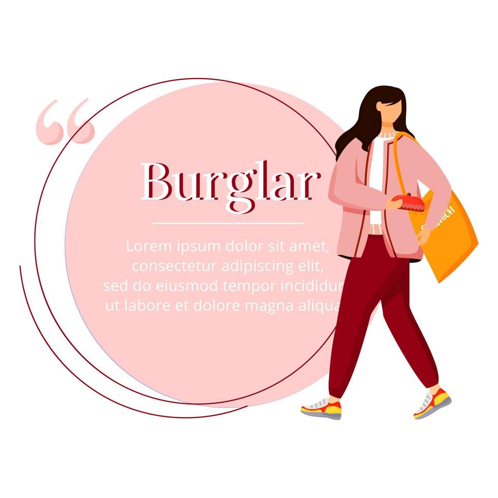 Shoplifting flat color vector character quote. Kleptomania. Addictive behavior. Shop theft. Woman stealing purse. Citation blank frame template. Speech bubble. Quotation empty text box design
