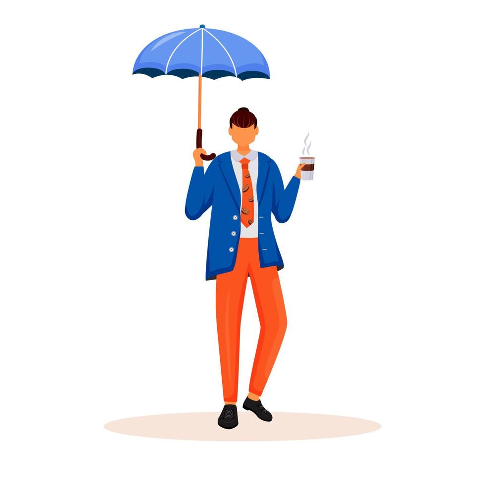 Businessman with umbrella flat color vector faceless character. Caucasian man standing with cup of coffee. Executive holding mug. White guy in suit and tie. Gentleman isolated cartoon illustration