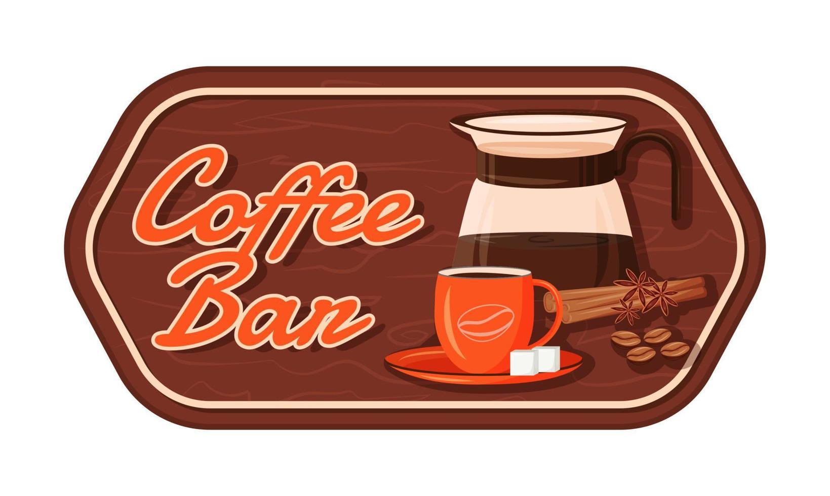 Coffee bar flat color vector label. Strong hot drinks packaging sticker. Spiced americano in mug. Traditional brew patch, signboard with typography. Pot with beverage isolated cartoon design element