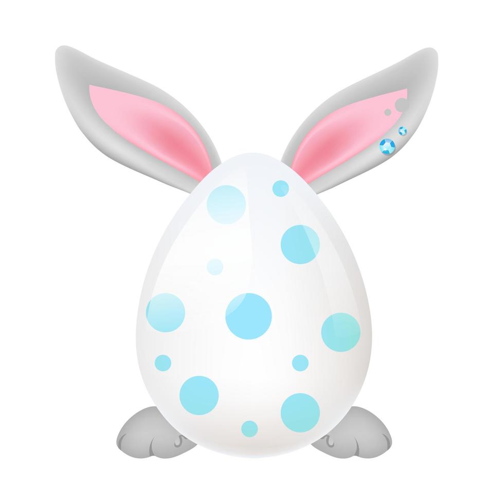 Cute bunny behind dotted egg kawaii cartoon vector character. Adorable and funny Easter animal isolated sticker, patch. Eggs hunting, Pascha holiday symbol. Anime baby easter rabbit emoji on white