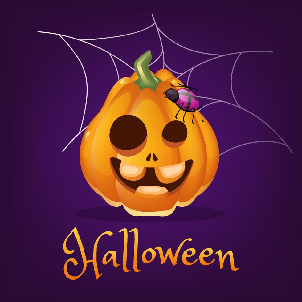 Spooky pumpkin cartoon vector illustration. Halloween lantern with crazy smile and spider isolated clipart with lettering. Scary realistic pumpkin sticker on purple. Autumn holiday social media post