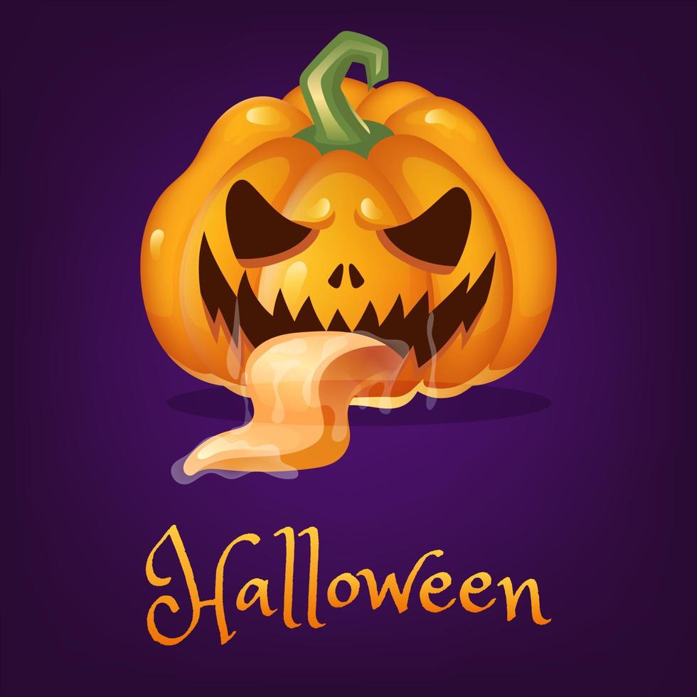 Spooky pumpkin cartoon vector illustration. Halloween lantern with evil smile and tongue. Creepy realistic orange carved squash sticker, patch with lettering on purple Autumn holiday social media post