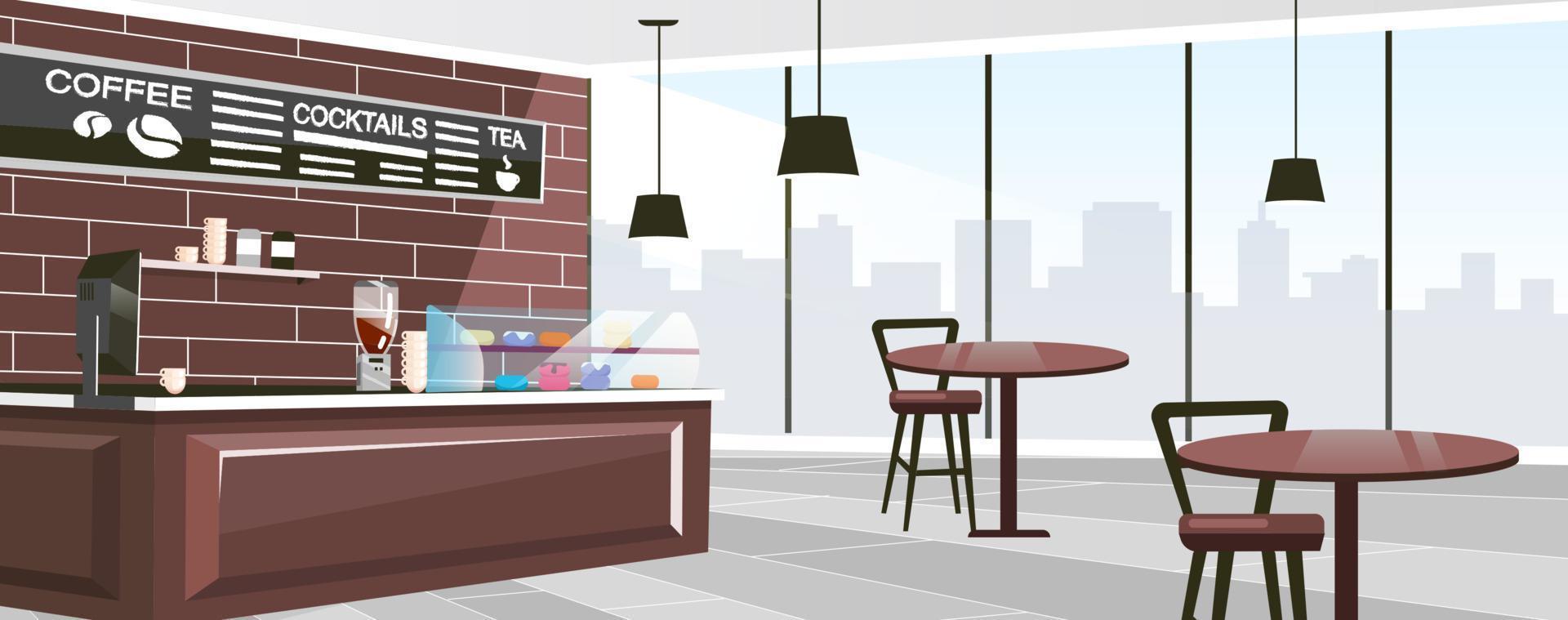 Urban cafe space flat vector illustration. Panoramic windows of modern coffee shop. Cartoon wooden counter, glass showcase with desserts. Trendy chalkboard menu with coffee, tea, cocktails list