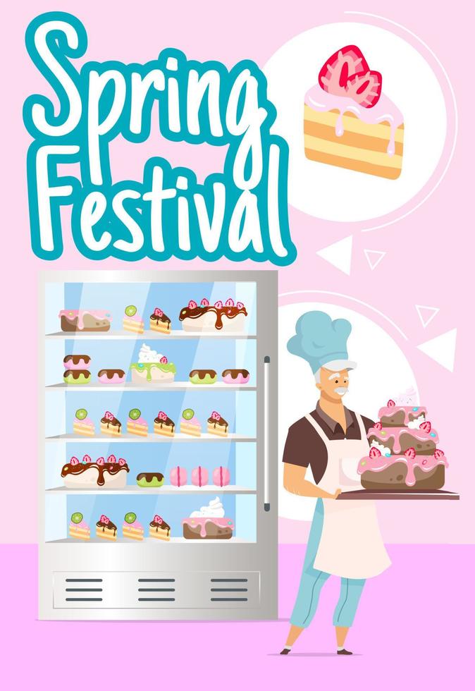 Spring festival poster vector template. Confectionery products. Decorated desserts. Brochure, cover, booklet page concept design with flat illustrations. Advertising flyer, leaflet, banner layout idea