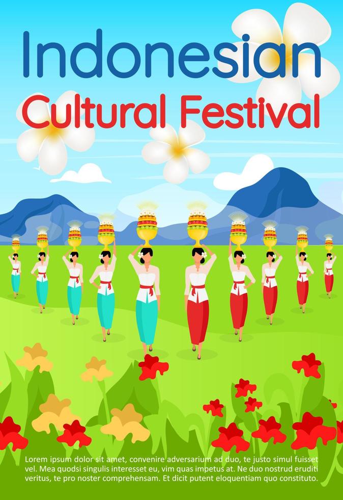 Indonesian cultural festival brochure template. Travel to Asia. Flyer, booklet, leaflet concept with flat illustrations. Vector page cartoon layout for magazine. advertising invitation with text space