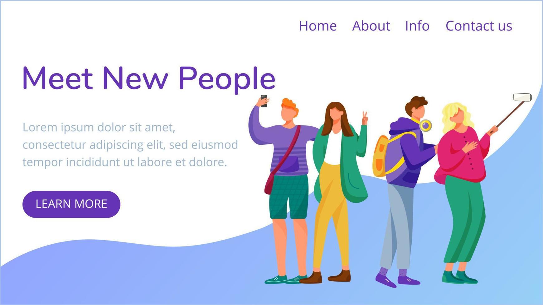 Meet new people landing page vector template. Making selfie with smartphone website interface idea with flat illustrations. Blogging homepage layout. Millennials web banner, webpage cartoon concept