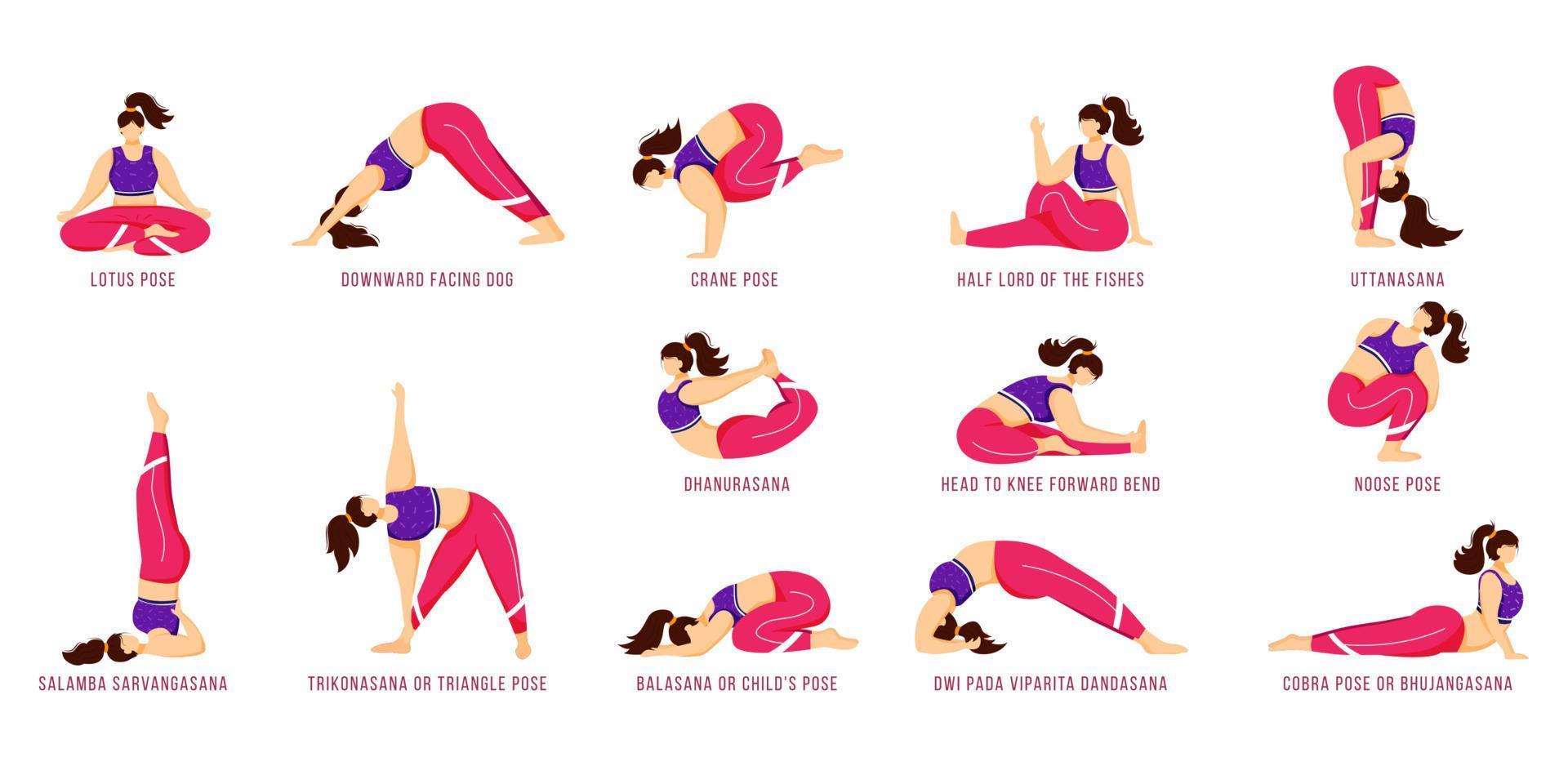 Yoga poses flat vector illustrations set. Caucausian women performing yoga asanas in pink and purple sportswear. Female figures doing physical exercises. Workout, fitness. Isolated cartoon character