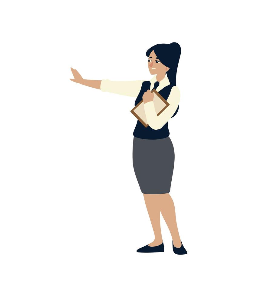 businesswoman character with documents icon flat isolated design vector