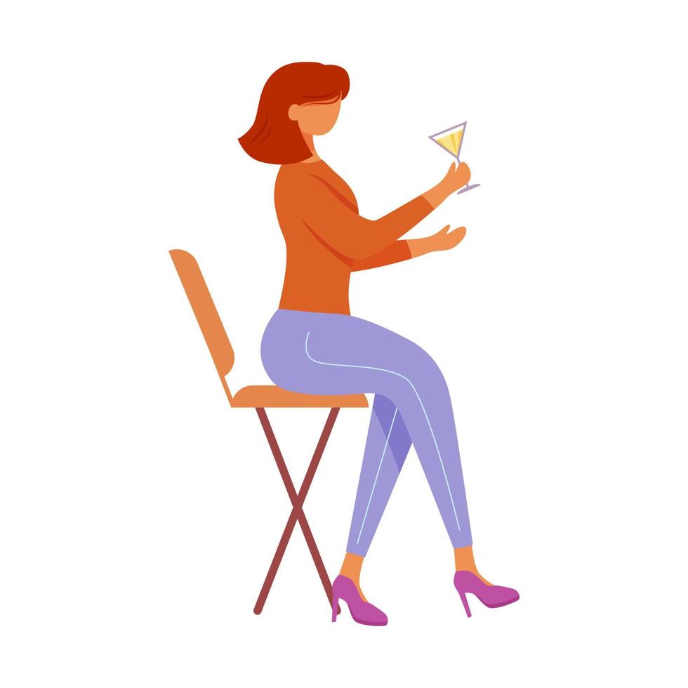 Girl with cocktail sitting on chair flat vector illustration. Holiday, party celebration in nightclub. Young confident woman with alcoholic drink isolated cartoon character on white background