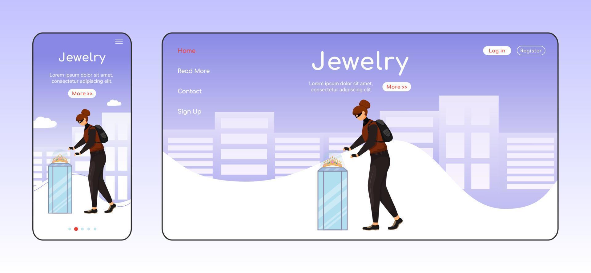 Jewelry theft adaptive landing page flat color vector template. Museum robbery mobile and PC homepage layout. Jewellery store burglary. Criminal act one page website UI. Webpage cross platform design