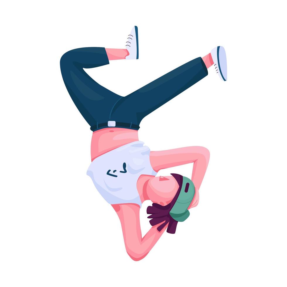 Break dance performer flat color vector faceless character. Stylish teenager standing on hand. Hip hop dancer show isolated cartoon illustration for web graphic design and animation