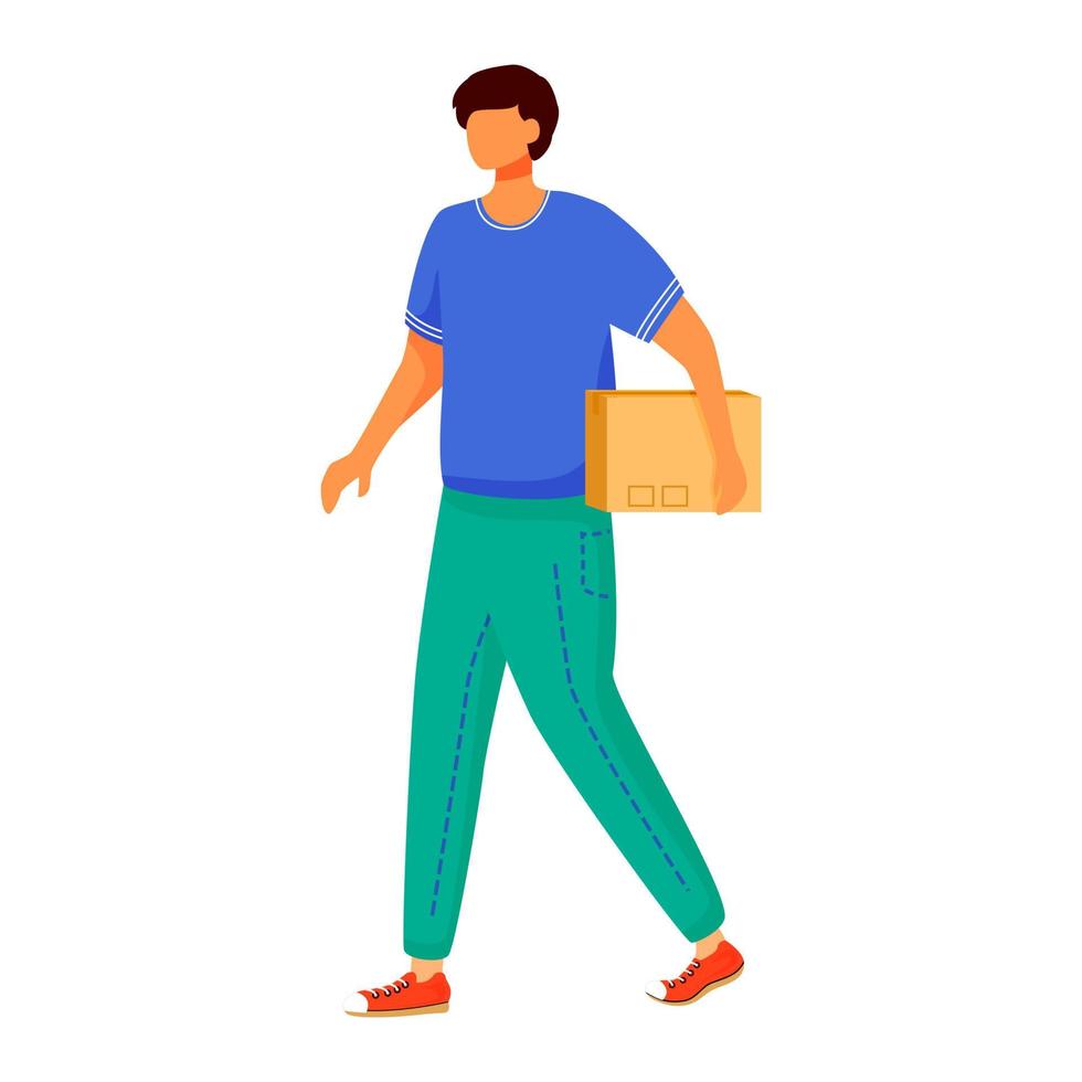Man receives parcel flat color vector illustration. Getting box at post office. Picking up order. Delivery services. Boy walking and holding package isolated cartoon character on white background