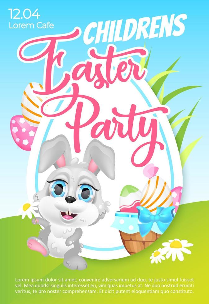 Children Easter party poster flat vector template. Spring Pascha holiday celebration for kids. Brochure, booklet one page concept design with bunny kawaii cartoon character. Flyer, leaflet