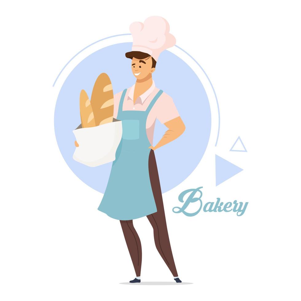 Ilustración de vector de color plano de panadería. panadero masculino. productos horneados. producción de pan. pastelería. industria de alimentos. hombre en delantal. chef de cocina. personaje de dibujos animados aislado sobre fondo blanco