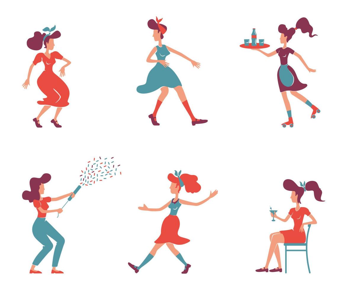 Old fashioned women flat color vector faceless characters set. Roller waitress, lady with confetti popper. Stylish girls in retro clothing isolated cartoon illustrations on white background