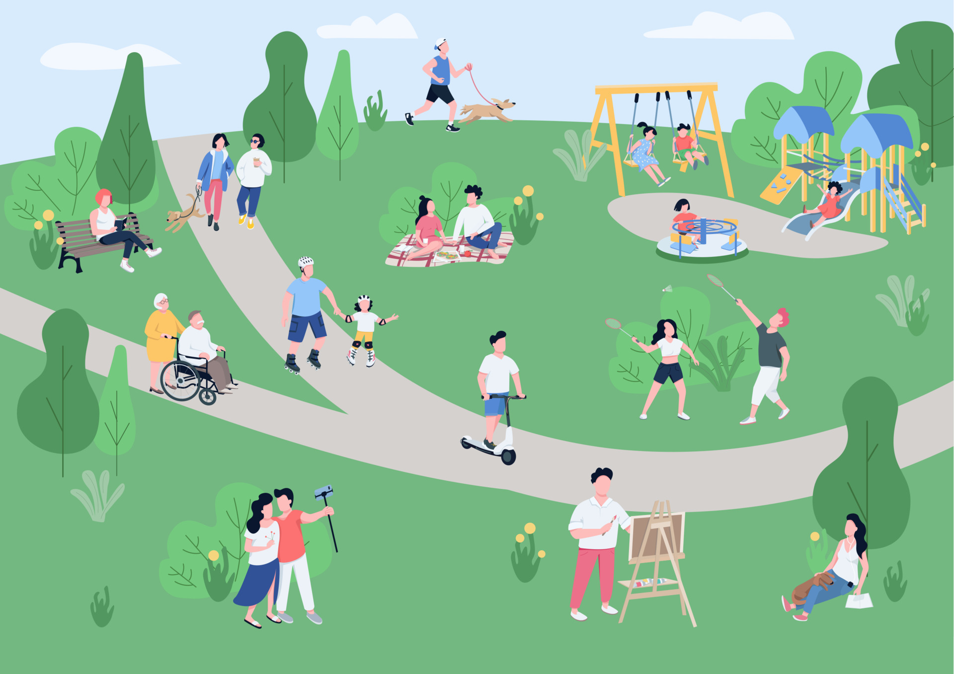 National Park Visitors Flat Color Vector Illustration People Enjoying National Park Visitors Flat Color Vector Illustration People Enjoying