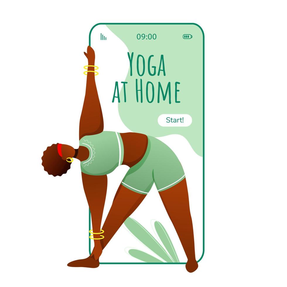 Yoga at home smartphone interface vector template. Triangle pose. Mobile app page green design layout. African American, dark-skinned woman doing yoga on screen. Flat UI for application. Phone display