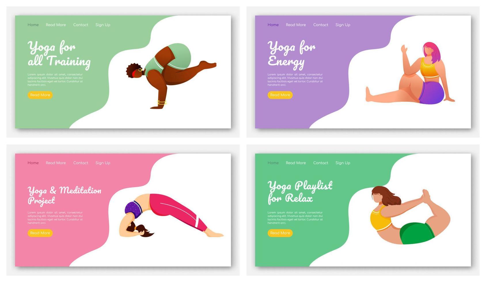 Yoga poses landing page vector template set. Meditation exercises. Healthy lifestyle. Bodypositive website interface idea with flat illustrations. Homepage layout, web banner, webpage cartoon concept