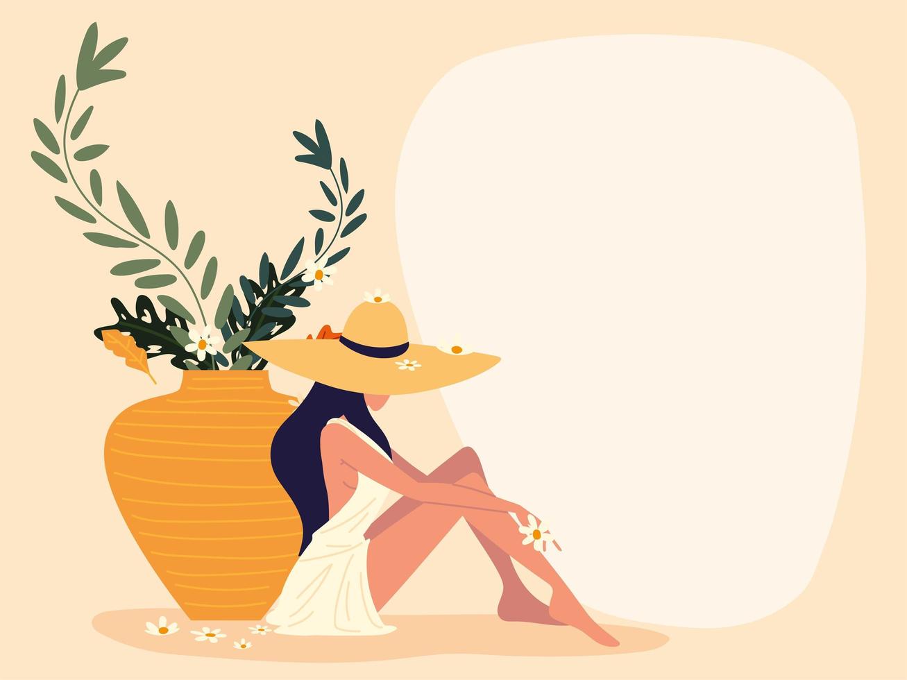 woman sitting flowers peaceful vector